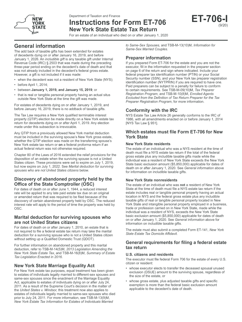  Instructions for Form ET 706 New York State Estate Tax Return for an Estate of an Individual Who Died on or After January 1, ;et 2020