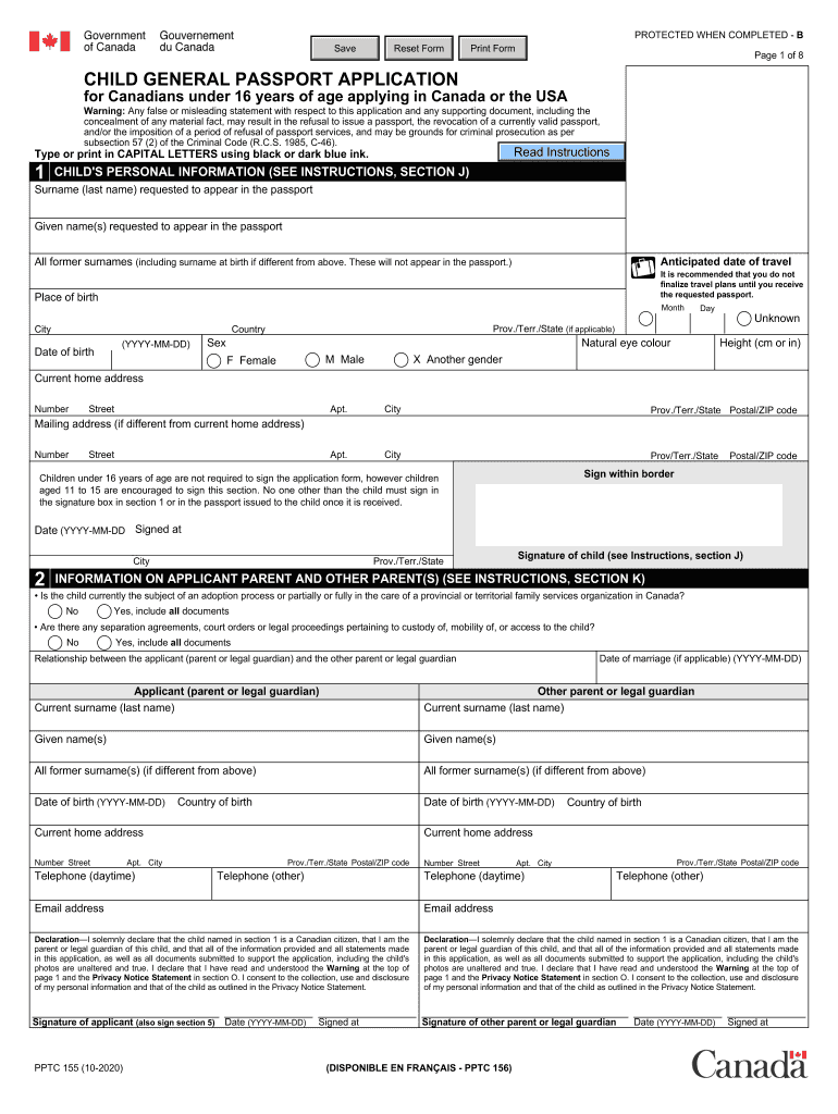 PPTC 155 E Child General Passport Application for Canadians under 16 Years of Age Applying in Canada or the USA 2020-2022
