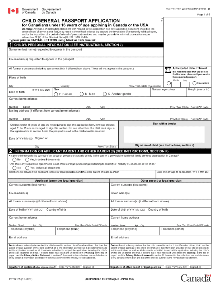  PPTC 155 E Child General Passport Application for Canadians under 16 Years of Age Applying in Canada or the USA 2020