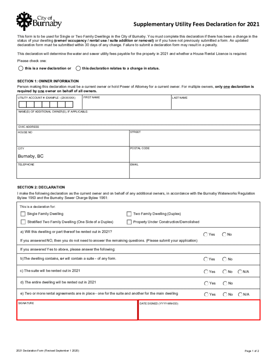 Supplementary Utility Fees Declaration for  Form