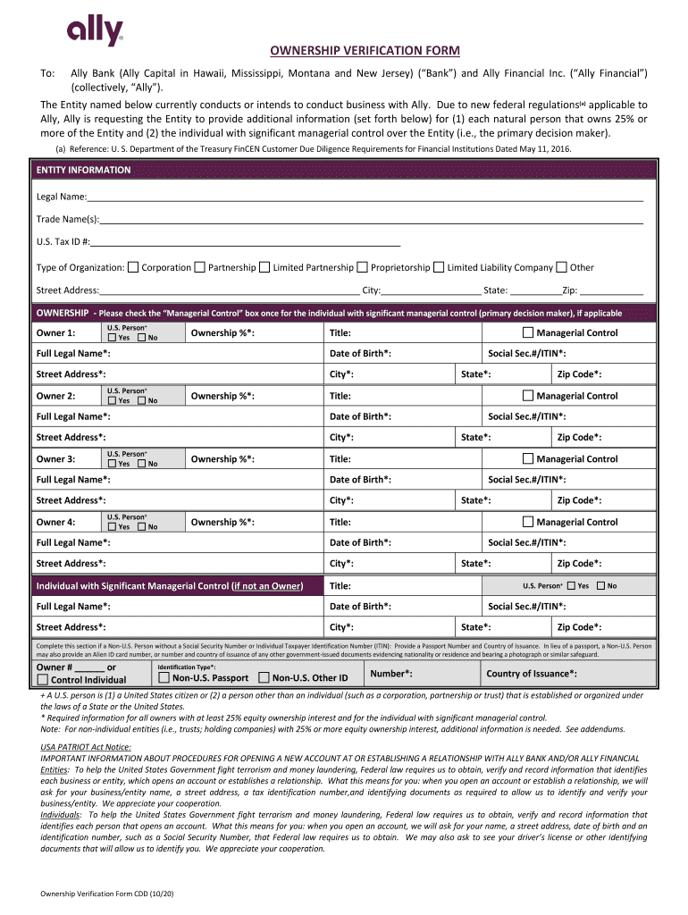  OWNERSHIP VERIFICATION FORM Ally Financial 2020-2024