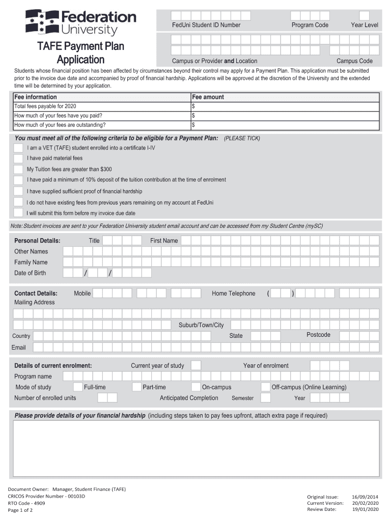  TAFE Payment Plan 2020-2024