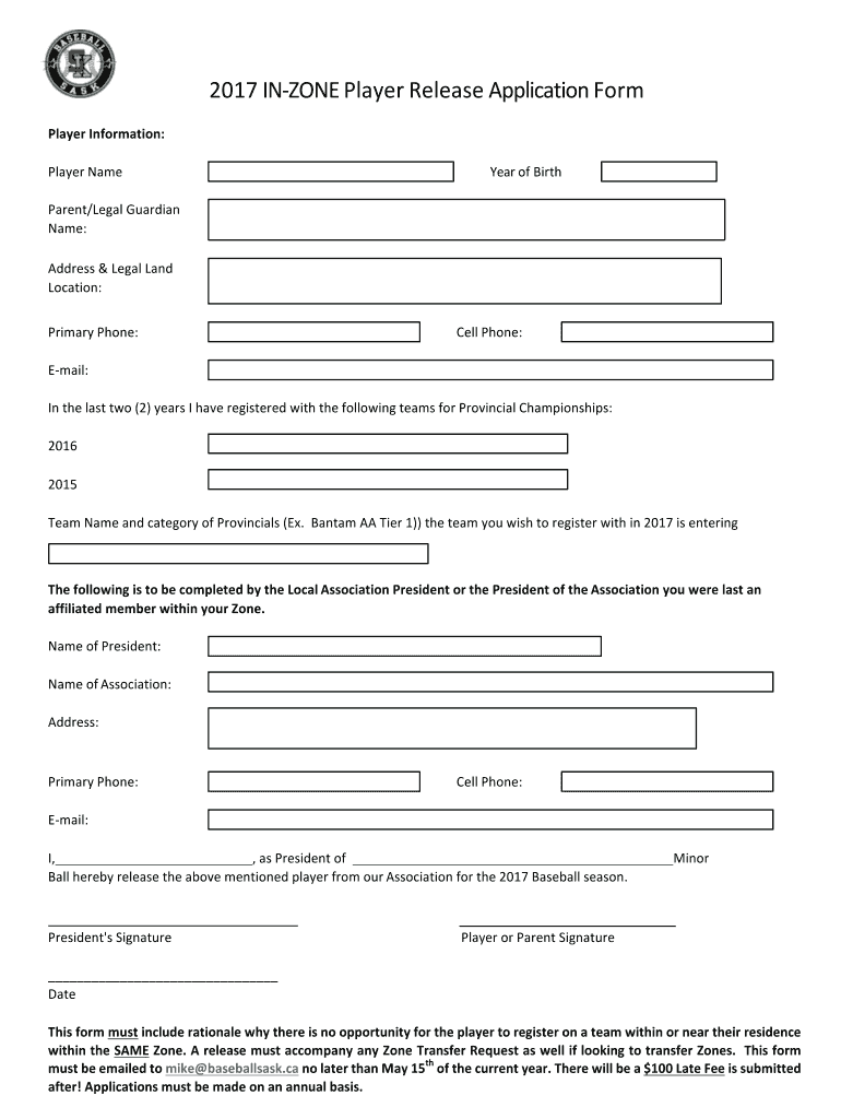  in Zone Player Release Application Form Baseball Sask 2017