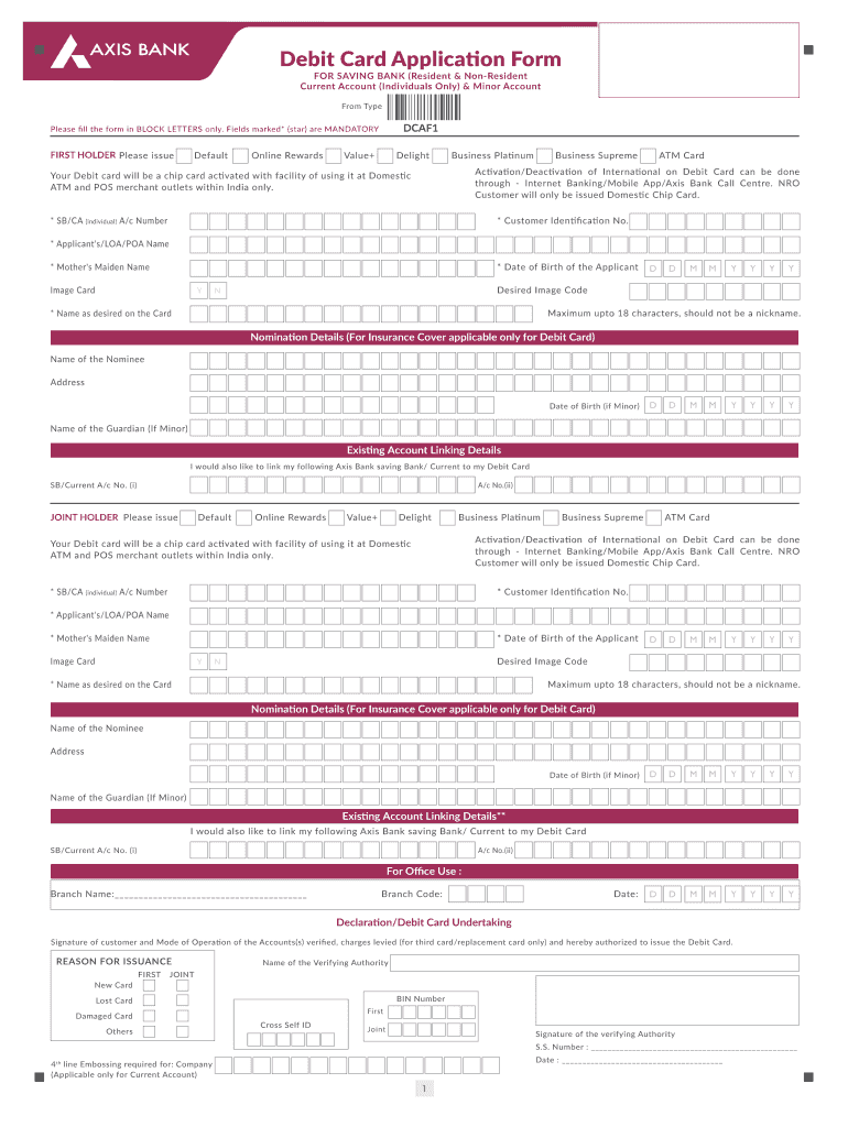 Axis Debit Card Application Form