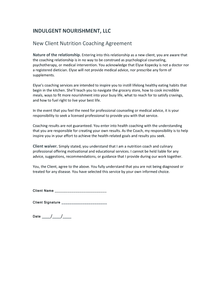 Nutrition Coaching Waiver Template  Form
