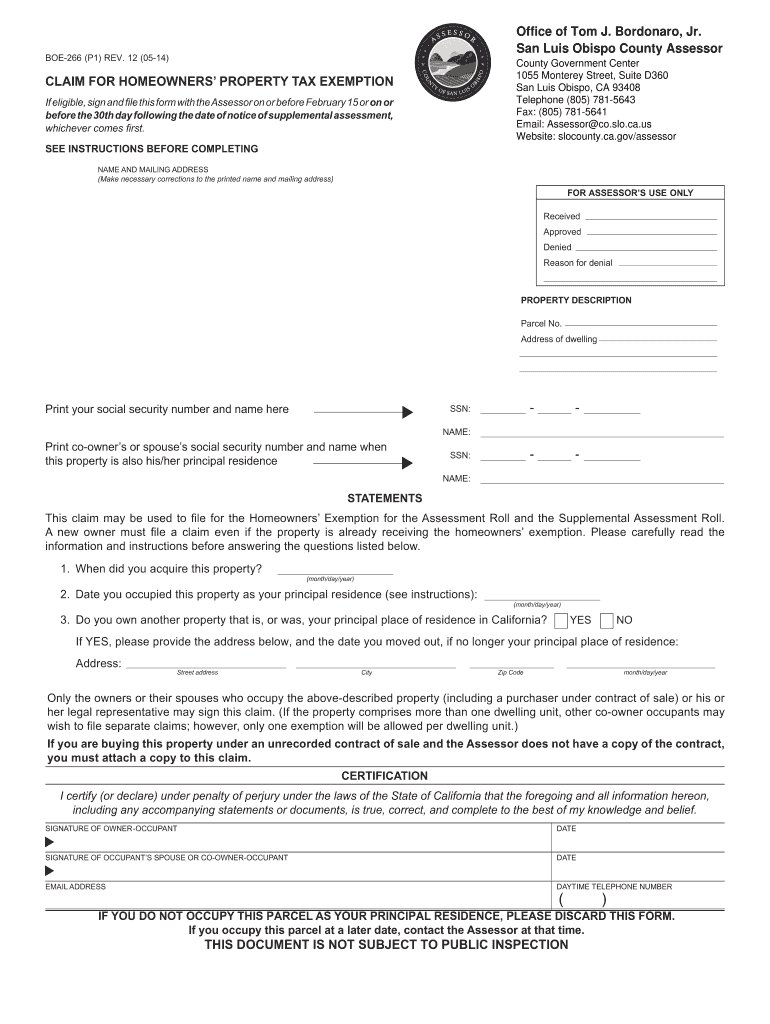 BOE 266 CLAIM for HOMEOWNERS&#039; PROPERTY TAX EXEMPTION BOE 266 CLAIM for HOMEOWNERS&#039; PROPERTY TAX EXEMPTION  Form
