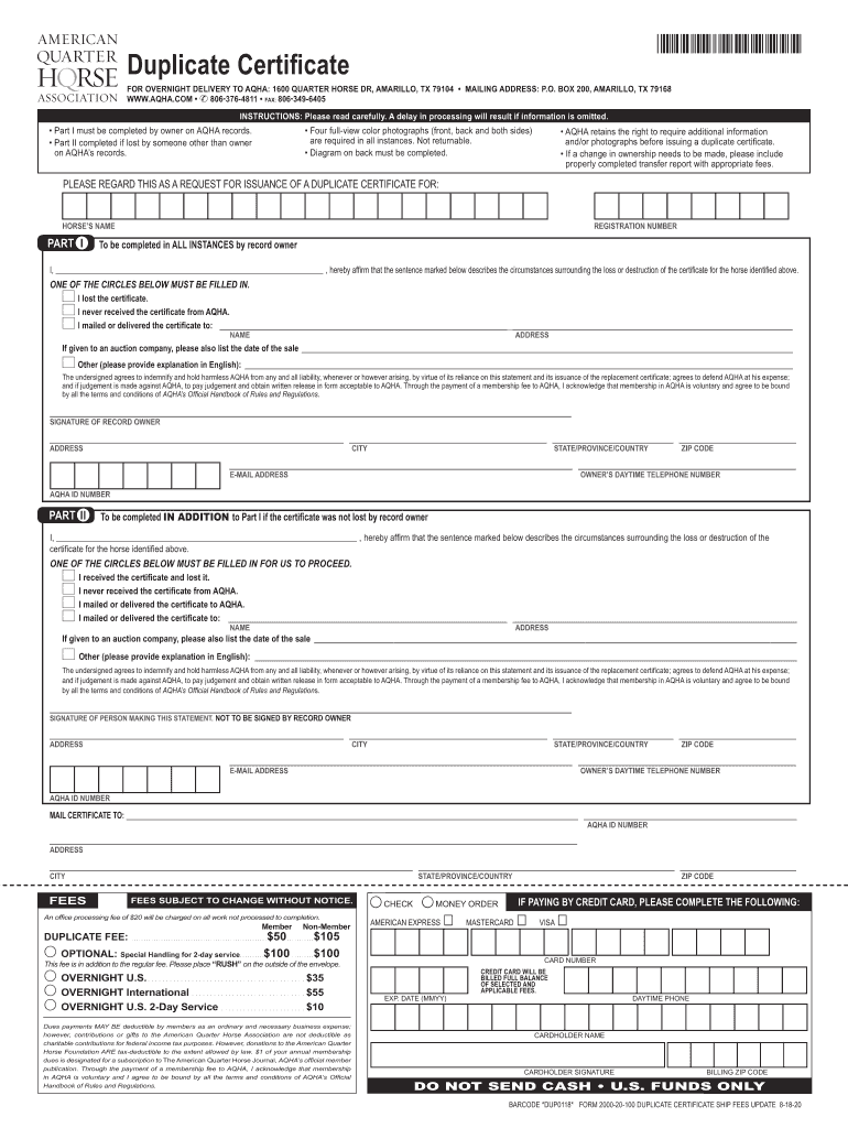  Duplicate Certificate AQHA Com 2020