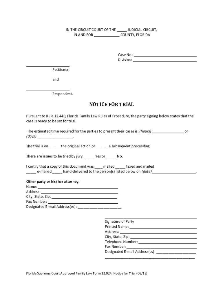 Florida Notice Trial Form 2018-2024
