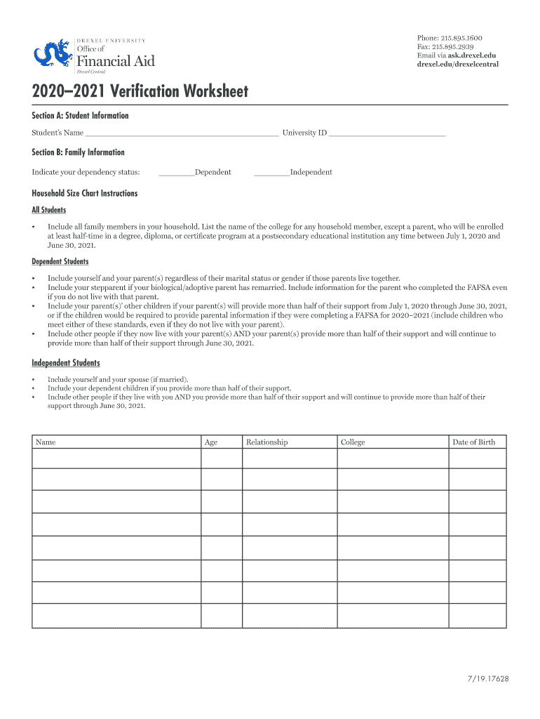 20202021 Verification Worksheet Drexel University  Form
