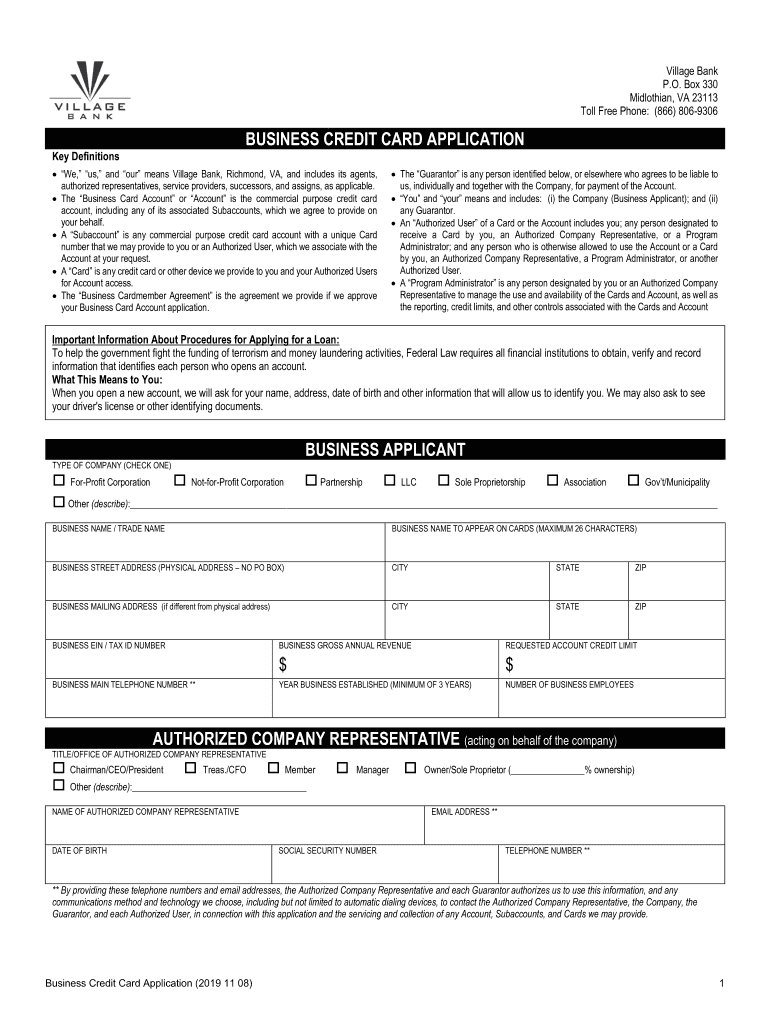  BUSINESS CREDIT CARD APPLICATION Village Bank 2019-2024