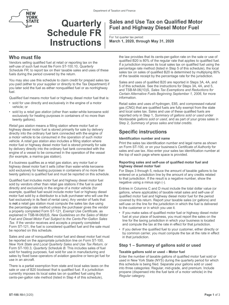  Form ST 100 10 I320Quarterly Schedule FR Instructions Sales 2020