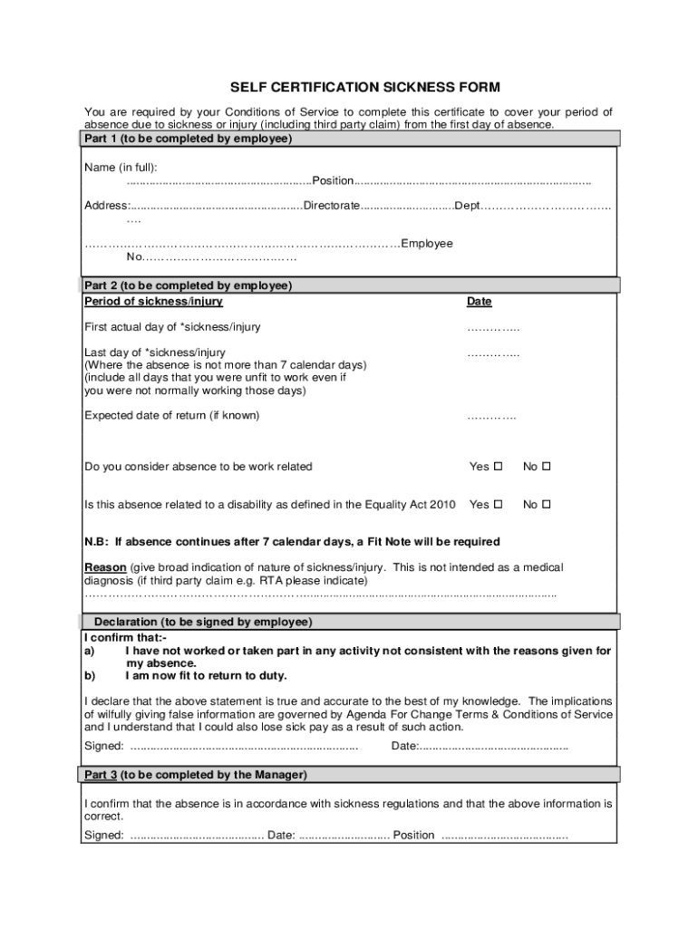  SELF CERTIFICATION SICKNESS FORM You Are Required 2018-2024