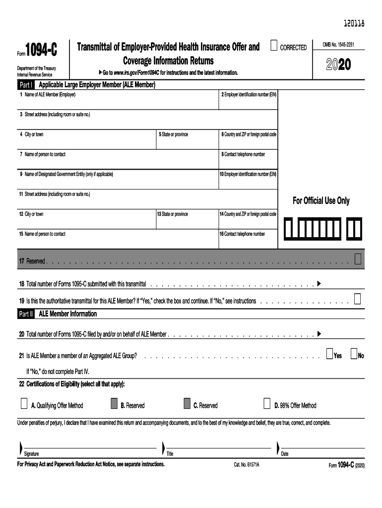  Form 1094 C Transmittal of Employer Provided Health Insurance Offer and Coverage Information Returns 2020