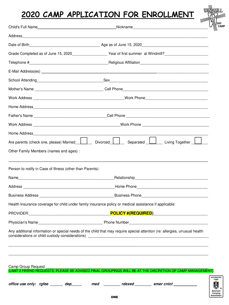  Camp Application for Enrollment Windmill Day Camp 2020