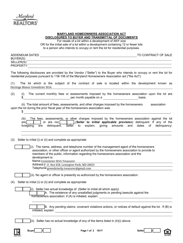 Maryland Homeowners Association Act Notice to Buyer  Form