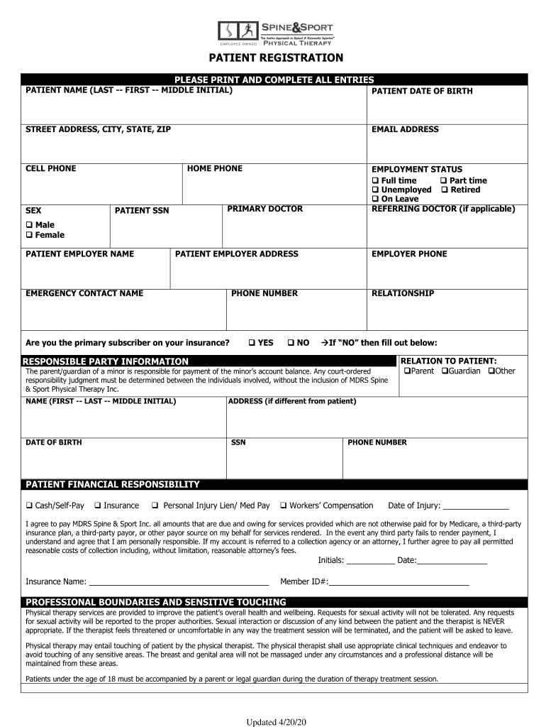  Patient Registration Form Spine and Sport 2020-2024