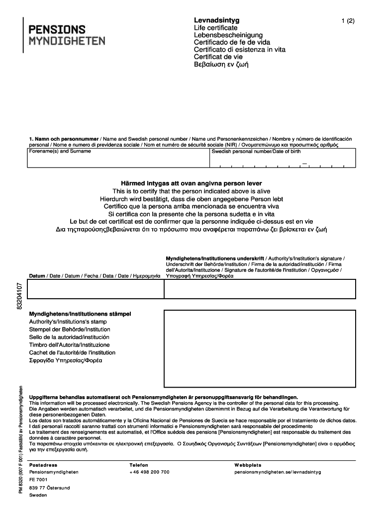Levnadsintyg Life Certificate Lebensbescheinigung Certificado  Form