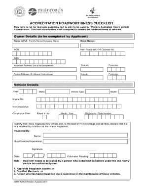  Main Roads Accreditation Roadworthiness Checklist 2014-2024