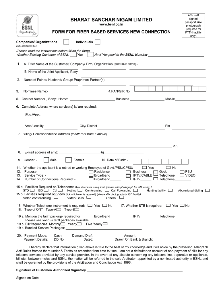 Form for Fiber Based Services New Connection