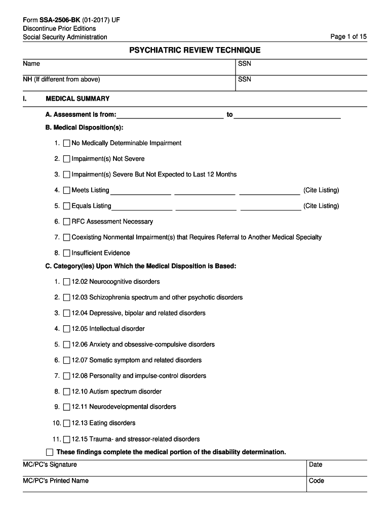 Psychiatric Review Technique This Form is Used to Supply Medical Information to SSA