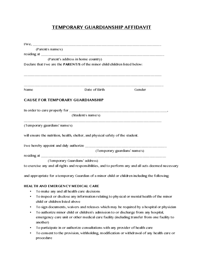  TEMPORARY GUARDIANSHIP AFFIDAVIT IWe, Parent 2020-2024