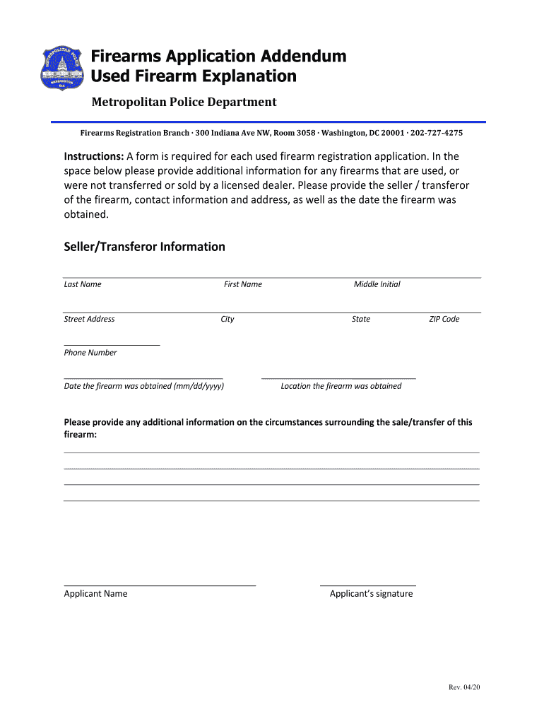 Firearms Application Addendum Used Firearm Explanation  Form