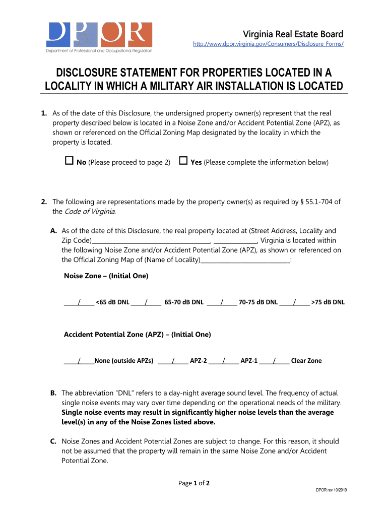  Military Air Installation Disclosure Form DPOR Virginia Gov 2019-2024