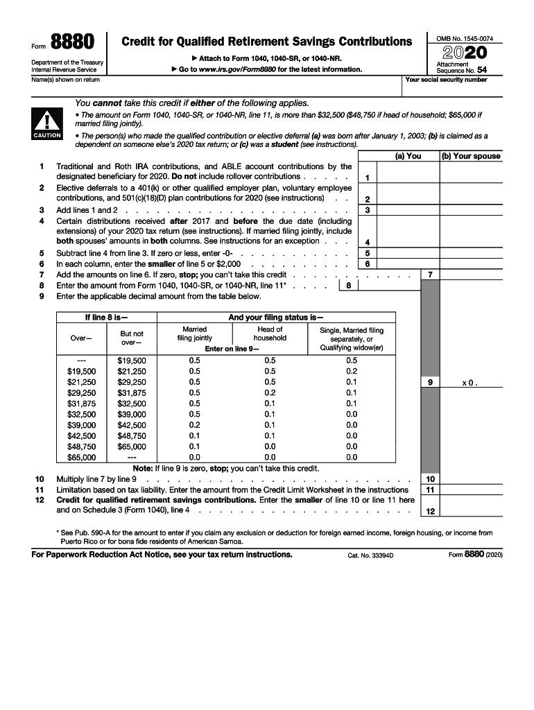  Form 8880 Credit for Qualified Retirement Savings Contributions 2020