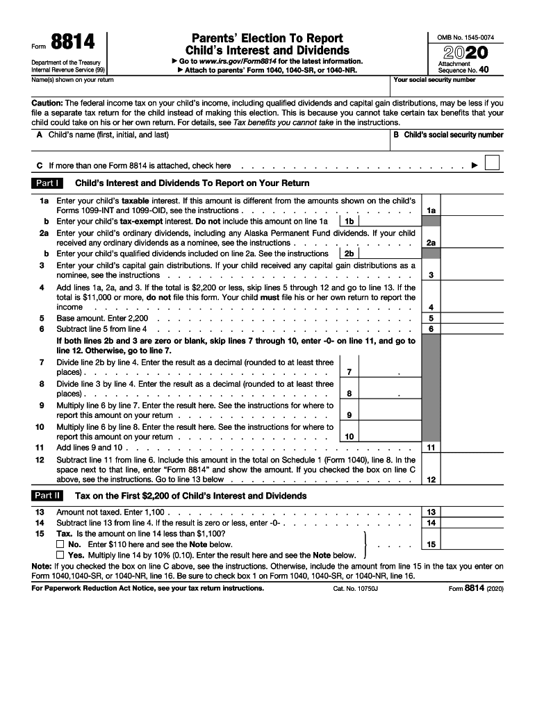  Form 8814 Parents' Election to Report Child's Interest and Dividends 2020