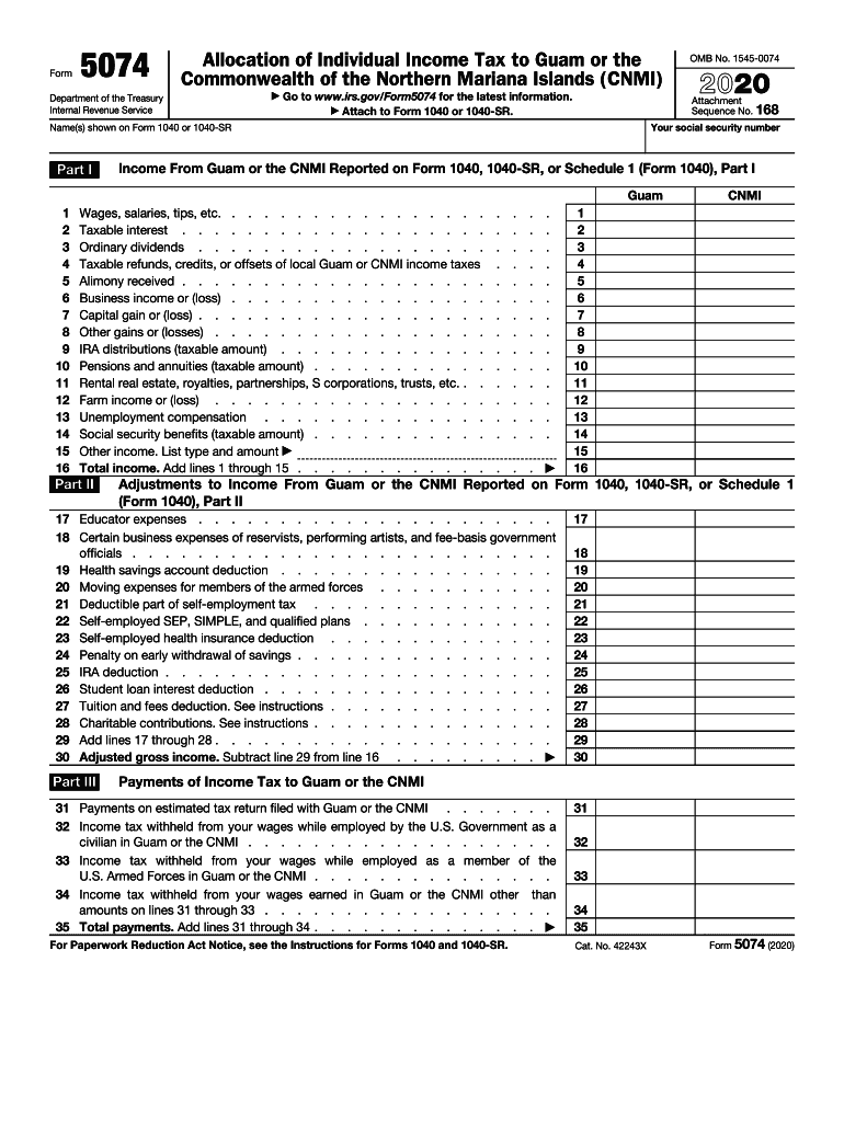  Form 5074 Allocation of Individual Income Tax to Guam or the Commonwealth of the Northern Mariana Islands CNMI 2020