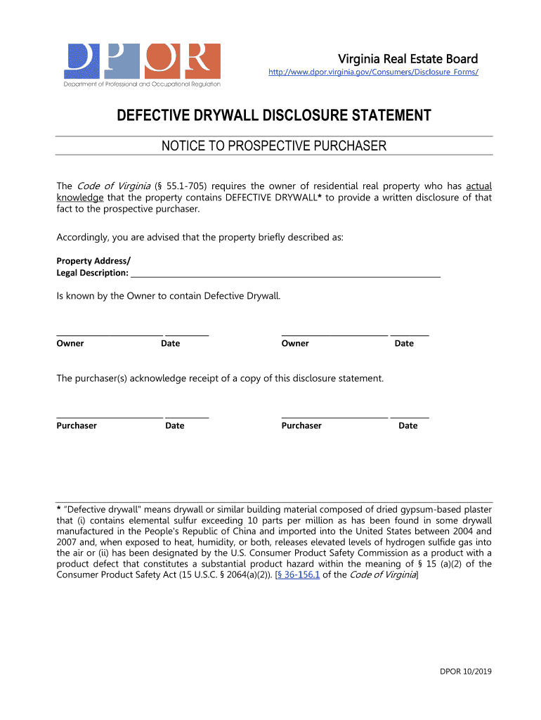  Defective Drywall Disclosure Statement DPOR Virginia Gov 2019-2024