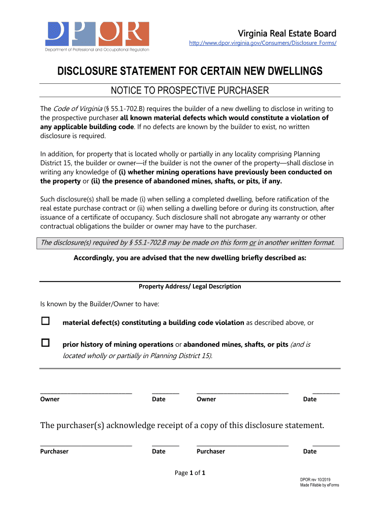  Virginia New Dwelling Disclosure Form EForms 2019-2024