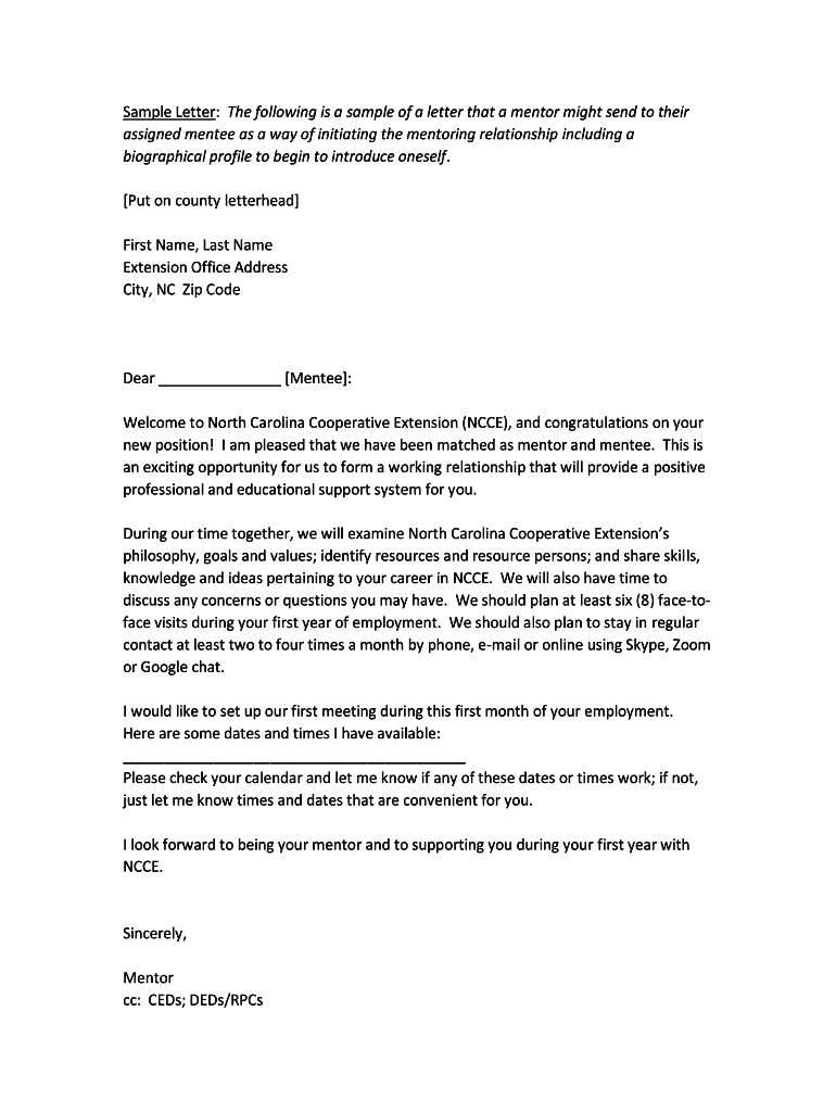 Welcome Letter for Mentoring Program  Form