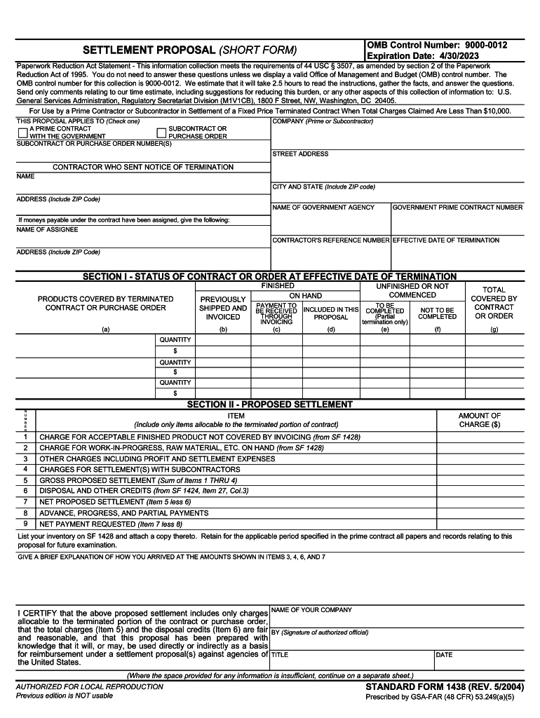 SF 1438 Settlement Proposal Short Form GSA