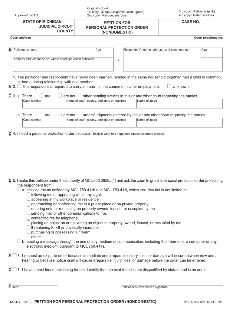 CC 377, Petition for Personal Protection Order Nondomestic  Form