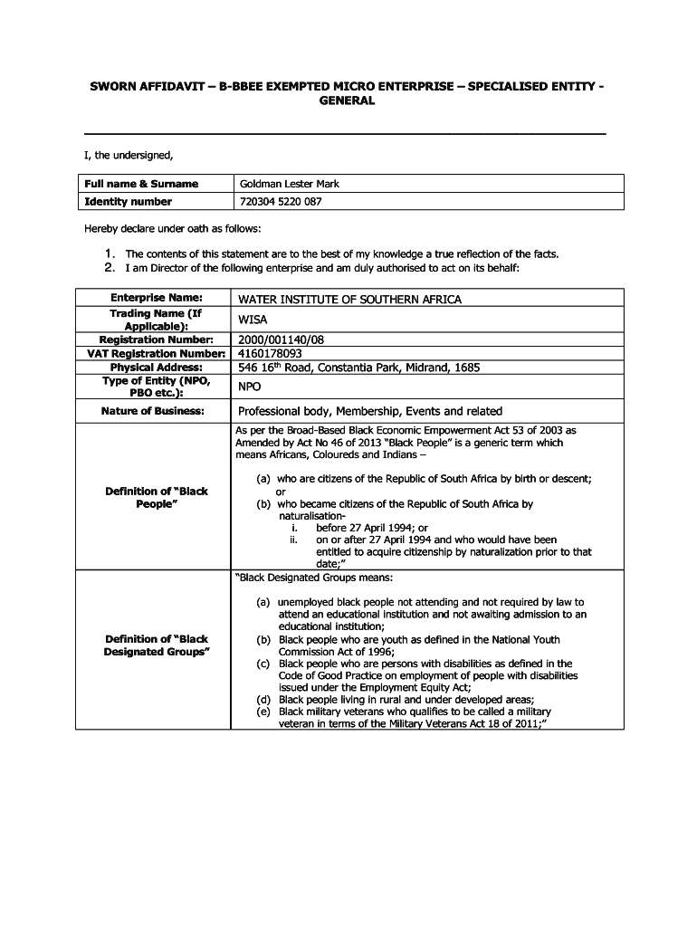 Sworn Affidavit B Bbee Exempted Micro Enterprise PDF  Form