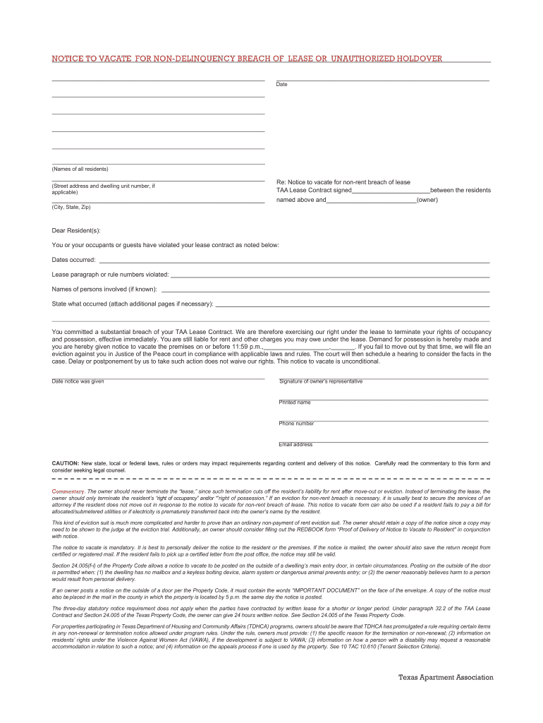 Non Delinquency Breach of Lease  Form