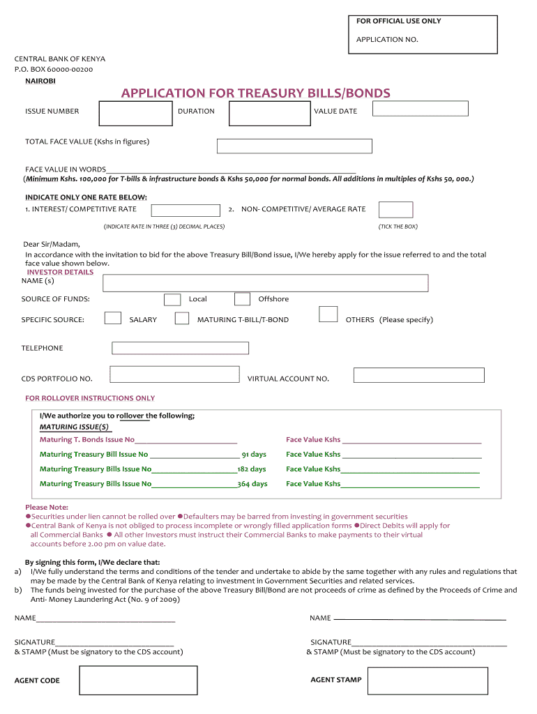 Application for Treasury Billsbonds Central Bank of Kenya  Form