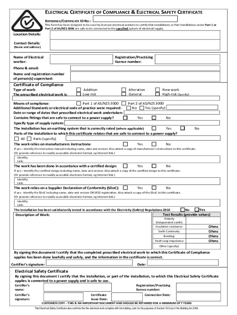  Electrical Certificatre of Compliance and Electrical Safety Certificate 2016-2024