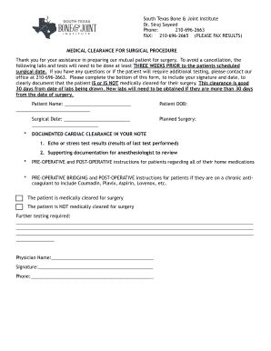 Cardiac Clearance Letter South Texas Bone &amp;amp; Joint Institute  Form