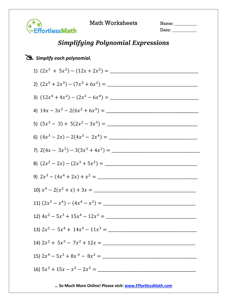 Simplifying Polynomials Worksheet  Form