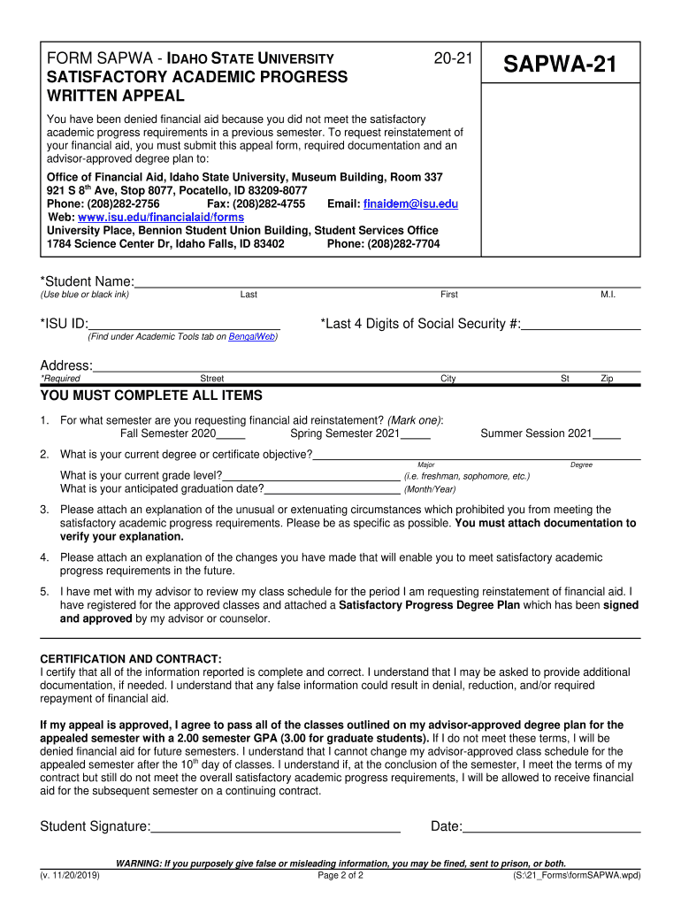 The Attached Form is to Be Completed If Your Financial Aid Eligibility Has Been Suspended and You Wish to Request that Your