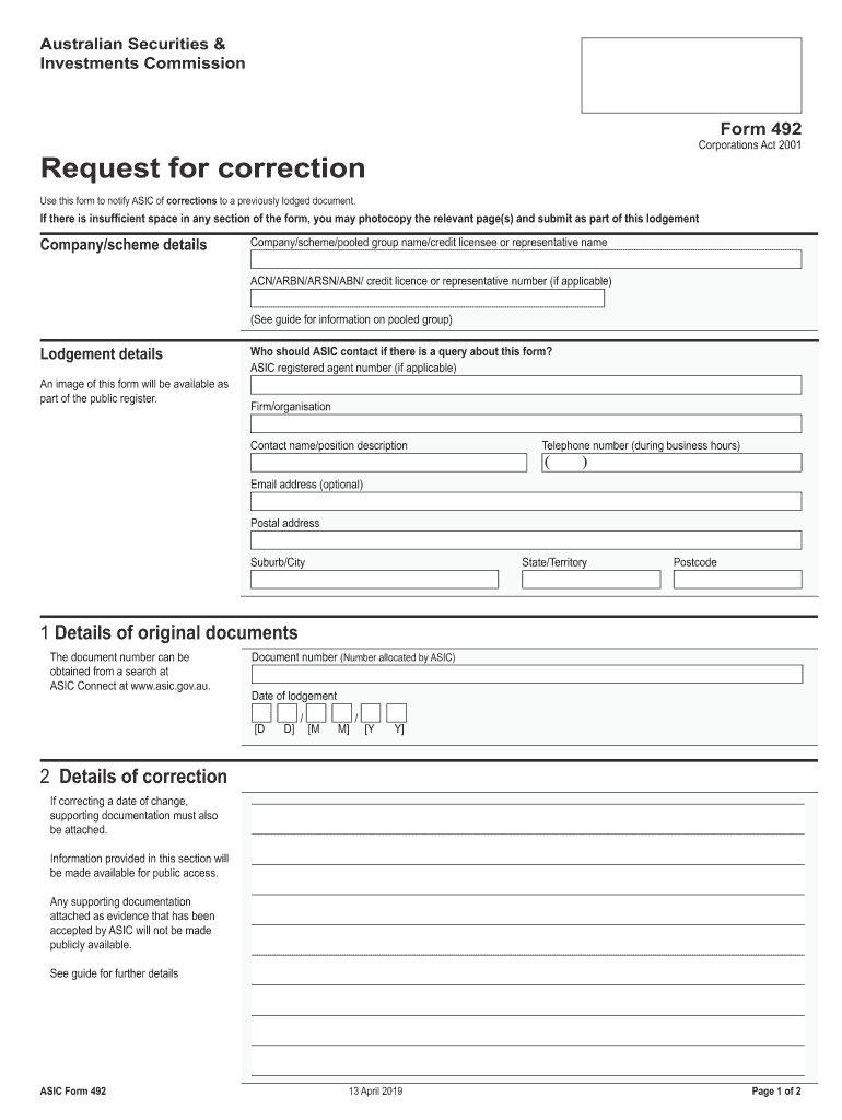 492 Request for CorrectionASIC Australian Securities and  Form