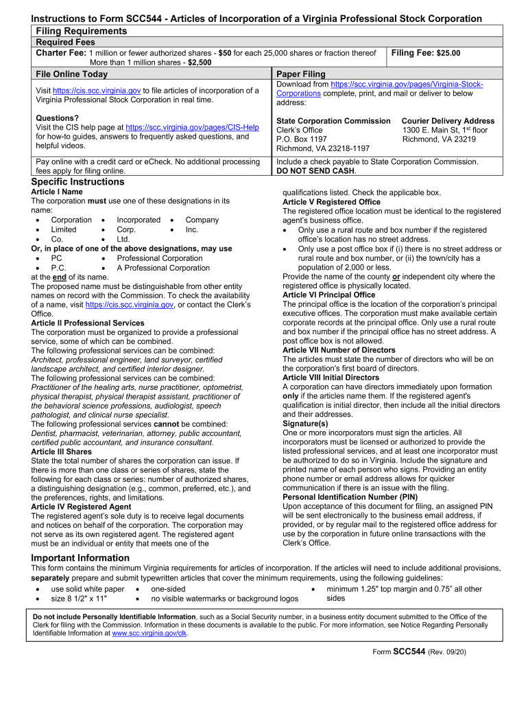  Instructions to Form SCC544 Articles of Incorporation of a Virginia Professional Stock Corporation 2020