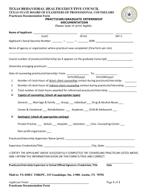 Practicum Documentation Form Texas Behavioral Health