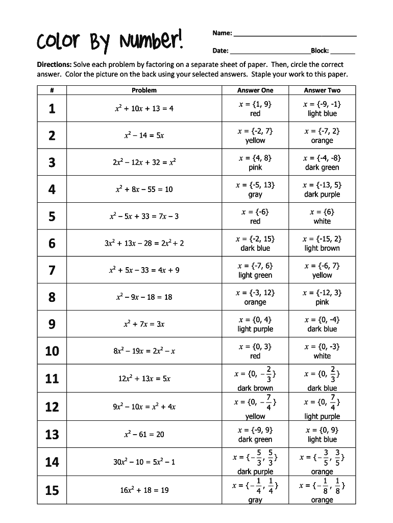 Factor by Grouping Coloring Activity Answer Key  Form