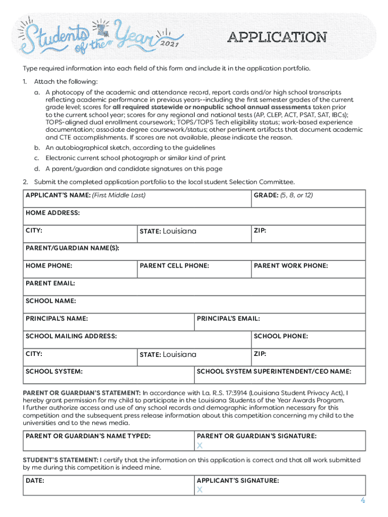  2021 Students of the Year Application Packet Louisiana 2021-2024