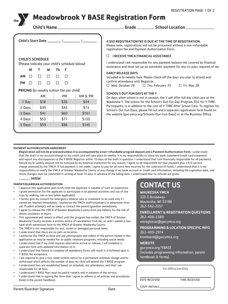 Meadowbrook Y BASE Registration Form