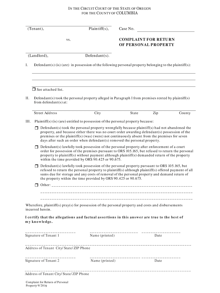  Tenant, Plaintiffs, Case No Vs COMPLAINT for RETURN of 2019-2024