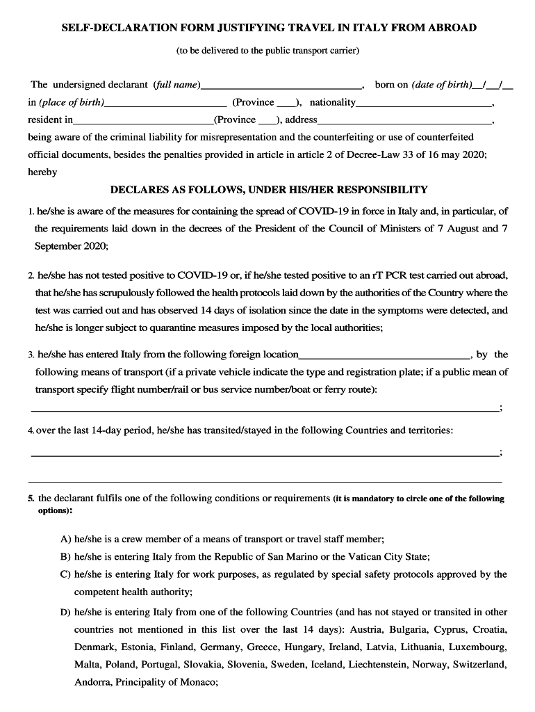 Self Declaration Form for Travel to Italy from Abroad Po Polsku